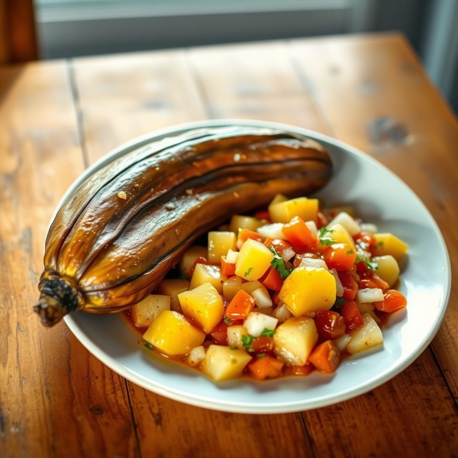 Boiled Plantain With Vegetable Sauce
