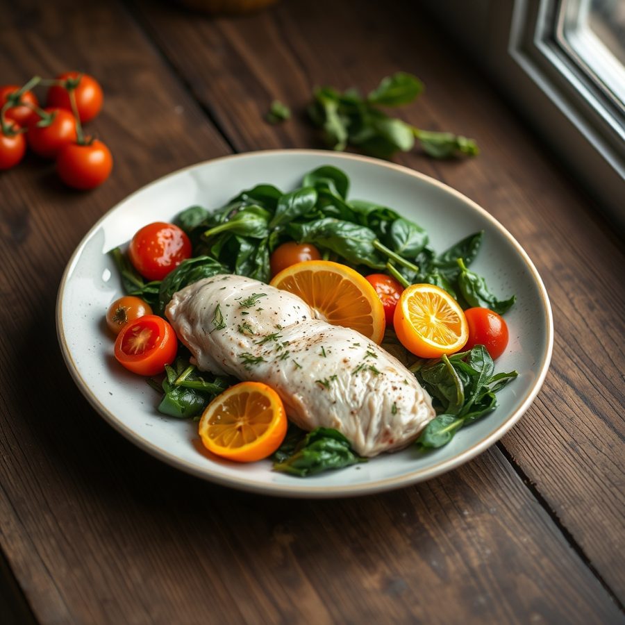 Chicken with Orange, Spinach and Cherry Tomatoes