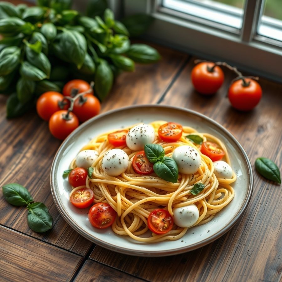 Fresh Pasta with Mozzarella, Tomato and Basil