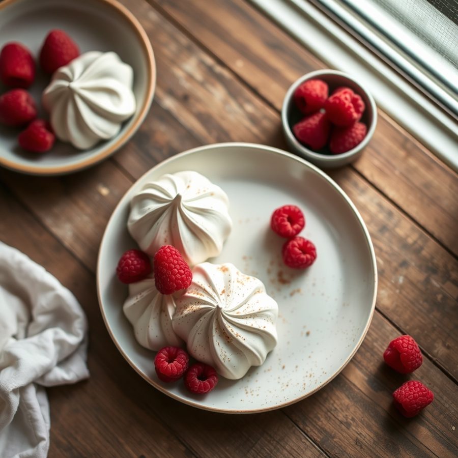 Meringues with Roasted Raspberries and Hazelnut Creme Anglaise