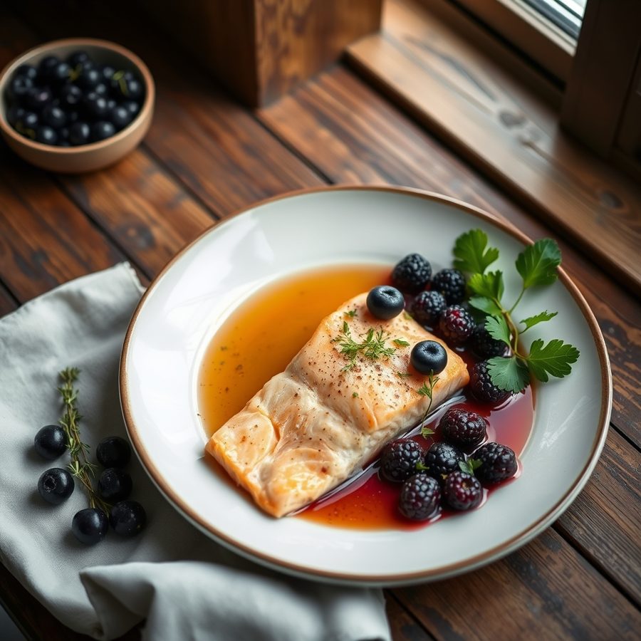 Poached Salmon with Wild Huckleberries