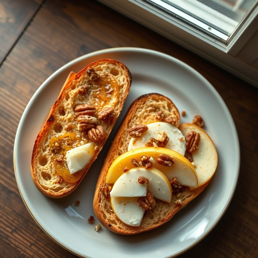 Toasted Baguette Slices with Pecan Butter, Brie and Apples
